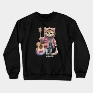 Cute Little Cat With a Guitar Wearing Pink Jacket Crewneck Sweatshirt